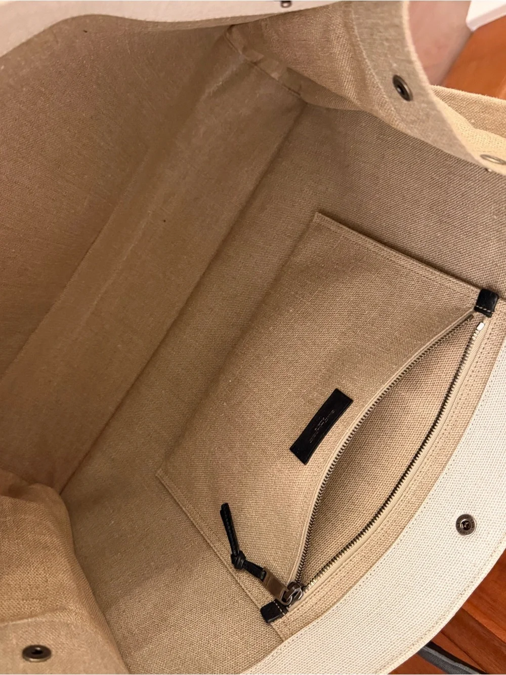 NWOT Yves Saint Laurent Beige Canvas Rive Gauche Tote with Black Handles
